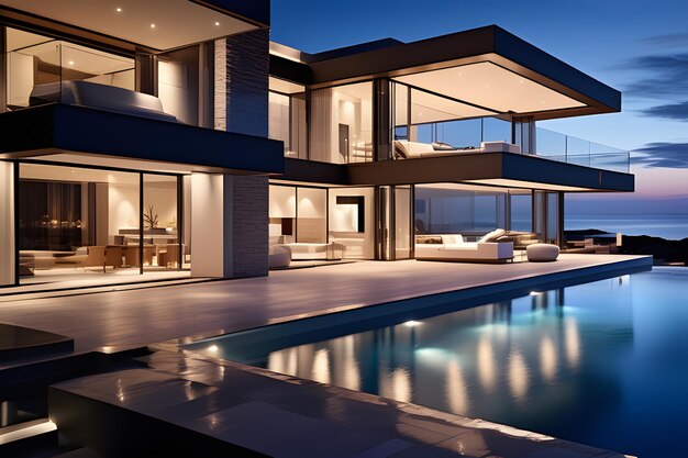 Foto casa de playa de lujo con vista al mar piscina y terraza de diseño moderno luces frescas nocturnas