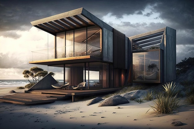 Una casa de playa moderna con un diseño elegante y sofisticado que enfatiza la belleza natural de su entorno Generado por IA