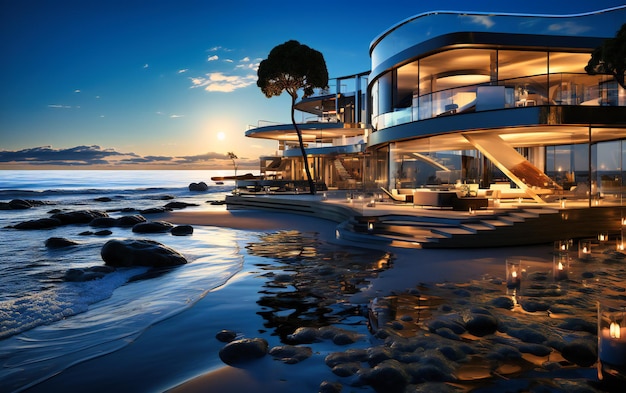 Una casa en una playa con olas de fondo