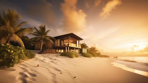 Una casa en una playa con palmeras al fondo