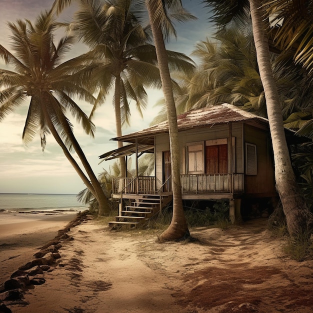 Una casa en la playa con palmeras al fondo