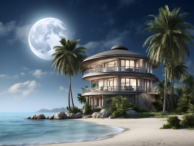 Casa de playa con palmeras y sueño tropical de luna llena