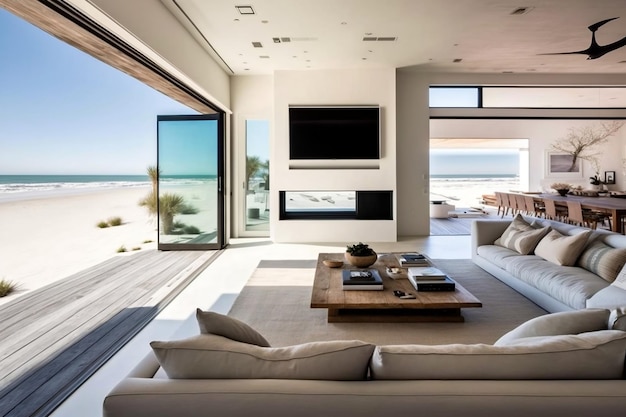 Una casa en la playa con una perfecta decoración interior de diseño interior y exterior IA generativa
