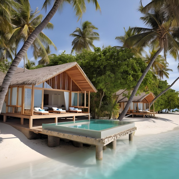 Una casa en una playa con piscina y palmeras.