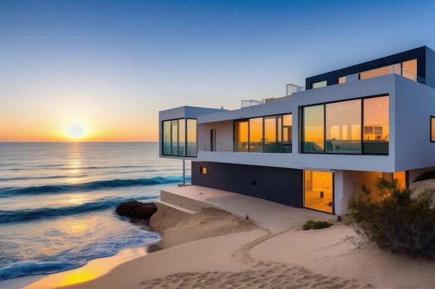 Una casa en la playa con la puesta de sol de fondo.