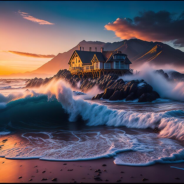 Una casa en una playa rocosa con una puesta de sol en el fondo