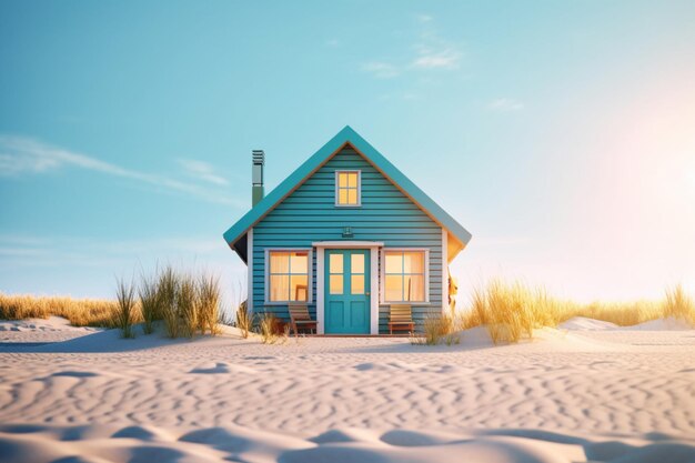 Una casa en una playa con el sol brillando sobre ella