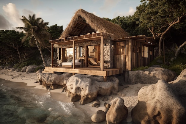 Una casa en una playa con vista al mar.