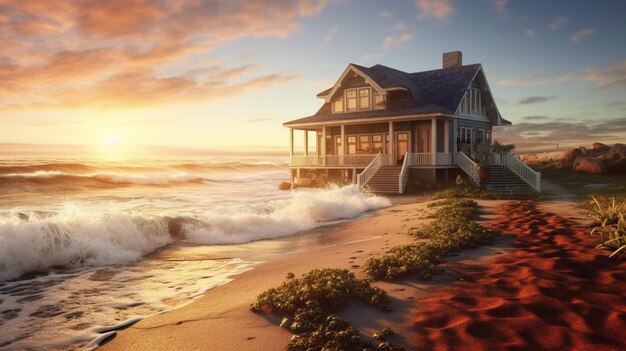 Foto una casa de playa con vista a la orilla