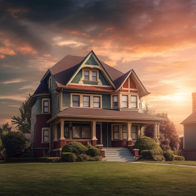 una casa con un porche y un cielo con el sol poniéndose detrás