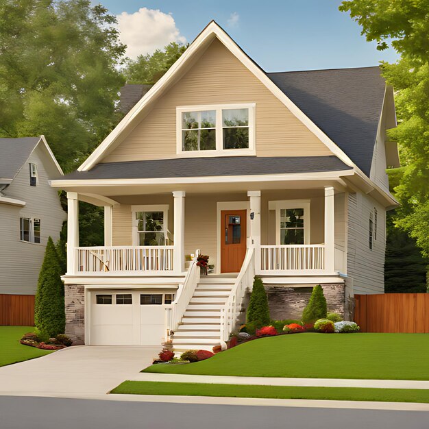 Foto una casa con un porche y un porche con un pórtico y una valla