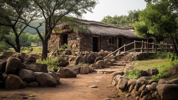 Foto casa primitiva de pedra na selva cabana africana ia geradora