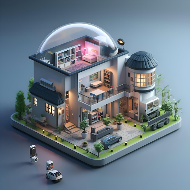 Casa privada isométrica 3D com garagem e carro na rua