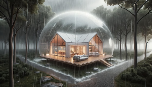 Foto casa protegida por burbuja transparente de desastres naturales inundación y lluvia concepto de seguro y seguridad ai generativo