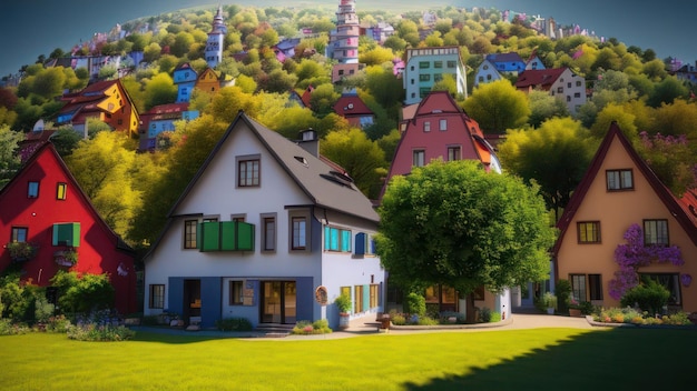 Una casa en un pueblo con césped verde y una casa azul y blanca con techo verde.