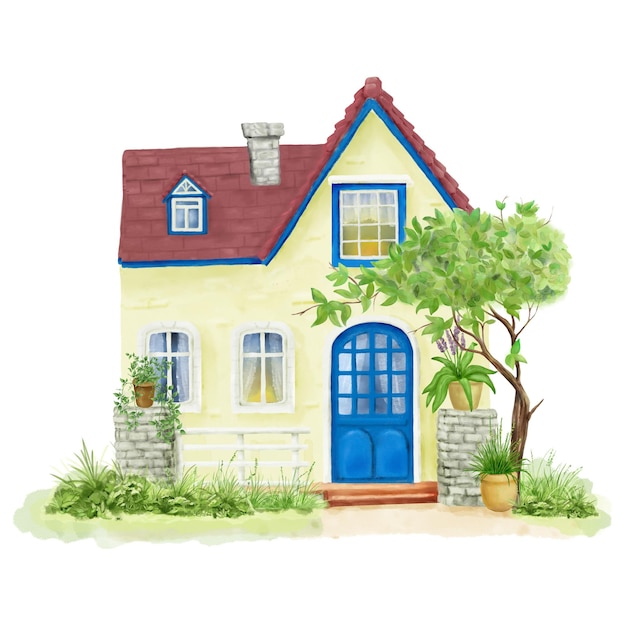 Casa de pueblo con techo de azulejos rojos y cortinas en las ventanas Ilustración digital en acuarela Hut