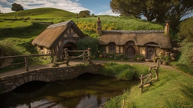 Una casa con un puente enfrente