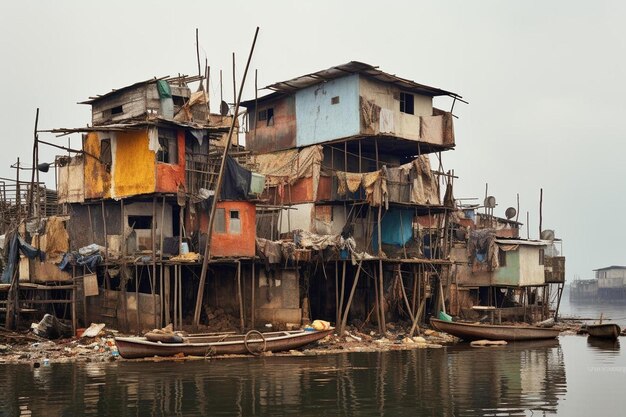 una casa con una puerta azul está en el agua