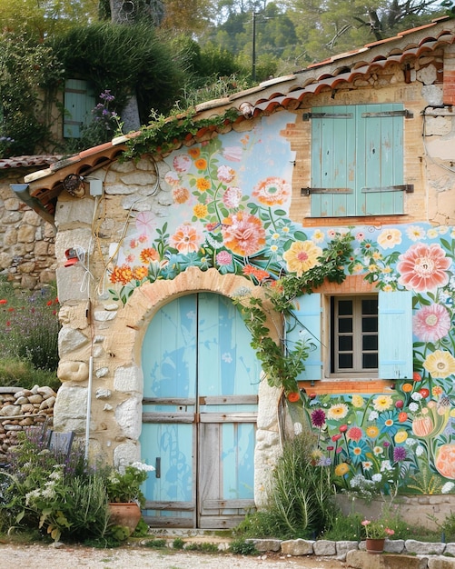 Foto una casa con una puerta azul y flores pintadas en ella
