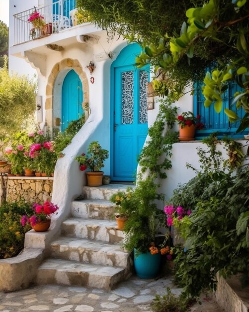 Una casa con una puerta azul y flores.