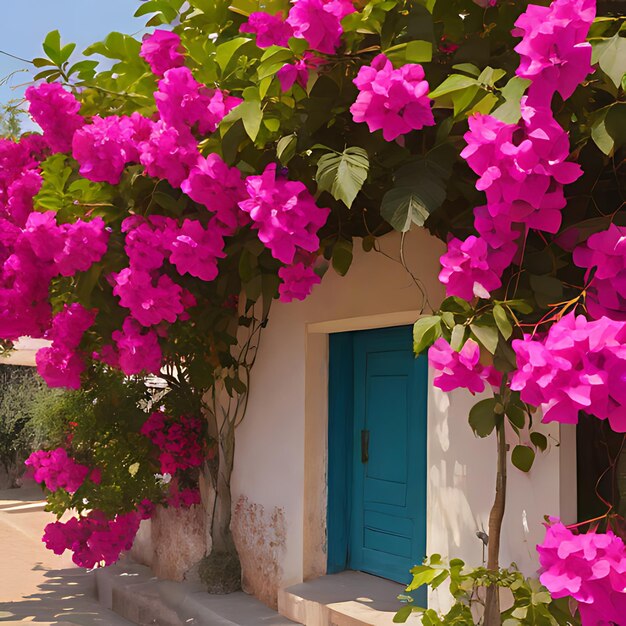 Foto una casa con una puerta azul y una puerta azul