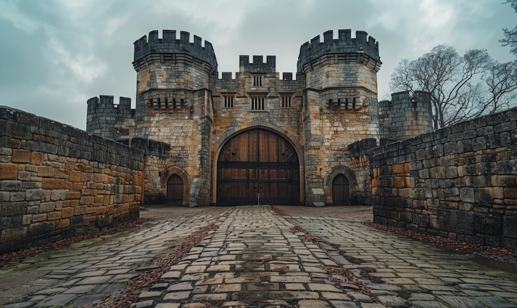 Foto una casa de la puerta del castillo medieval con enormes puertas de madera y muros de piedra circundantes