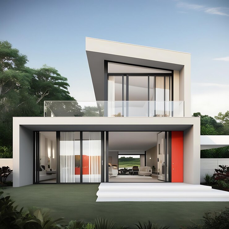 una casa con una puerta roja y una puerta blanca