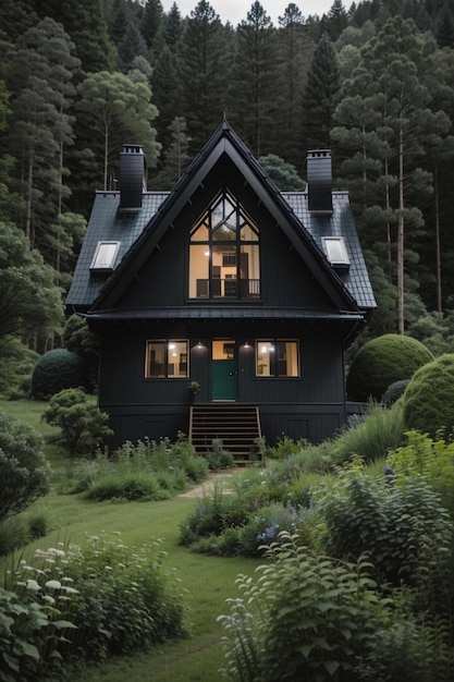 una casa con una puerta y ventanas verdes