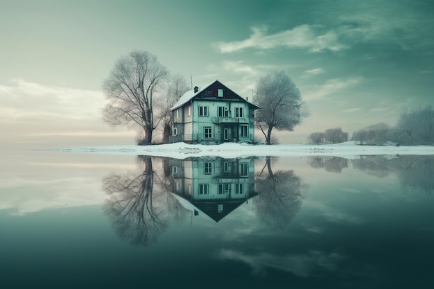 una casa que está situada en el centro de un cuerpo de agua