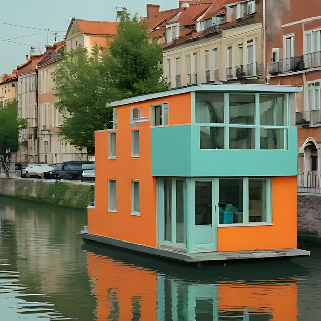Foto una casa que está pintada de naranja y azul está en el agua