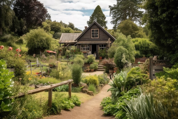 Casa de rancho con cobertizo y jardín rodeado de vegetación creado con ai generativo