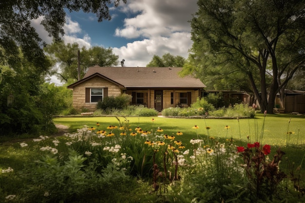 Casa de rancho rodeada de exuberante hierba verde y plantas con flores en el patio