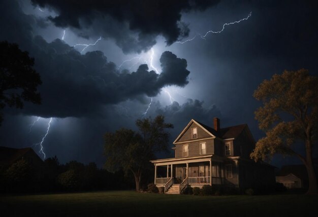 una casa con un rayo en el cielo