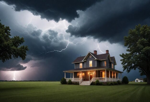 una casa con un rayo en el cielo