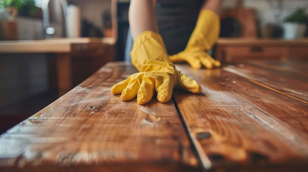 Casa Refresh Mulher Mãos em luvas de borracha limpando o pó Mesa de madeira na cozinha Interior Conceito de limpeza e manutenção doméstica