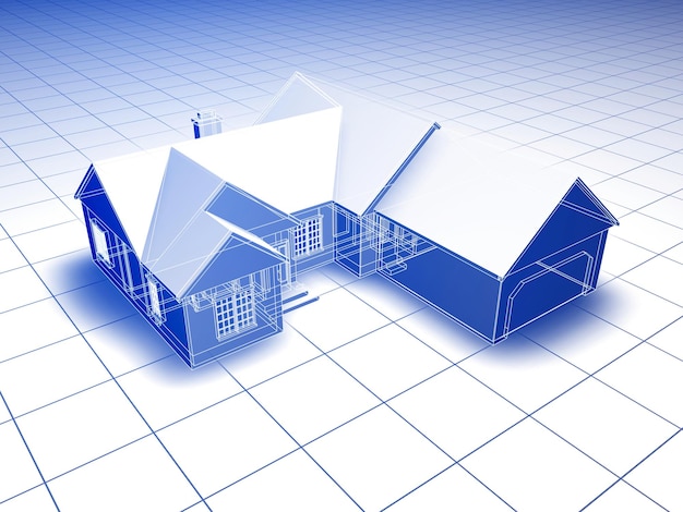 Foto casa renderizada em 3d em estilo blueprint com sombreamento azul em fundo branco