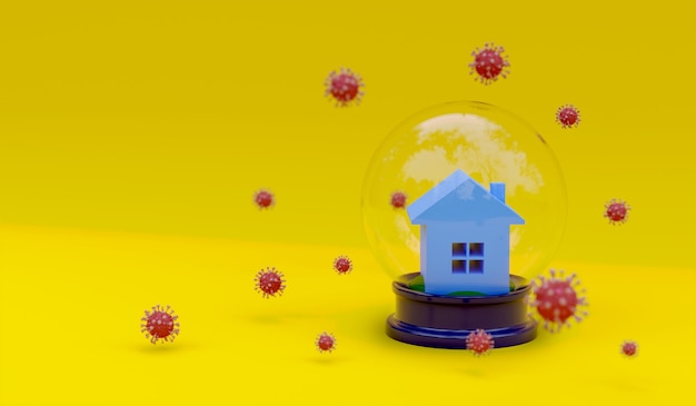 Casa de representación 3D y molécula de coronavirus sobre fondo amarillo