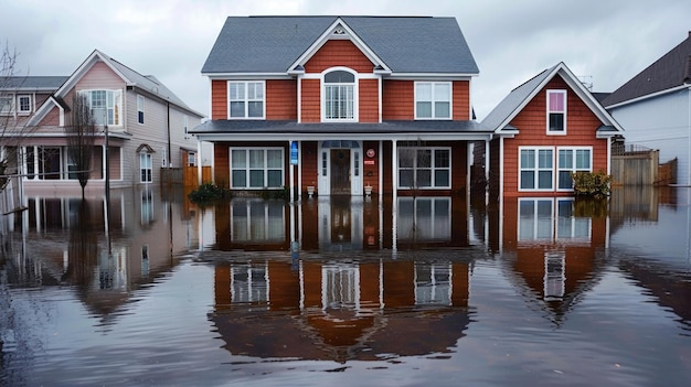 Casa residencial inundada con reflejo en el agua