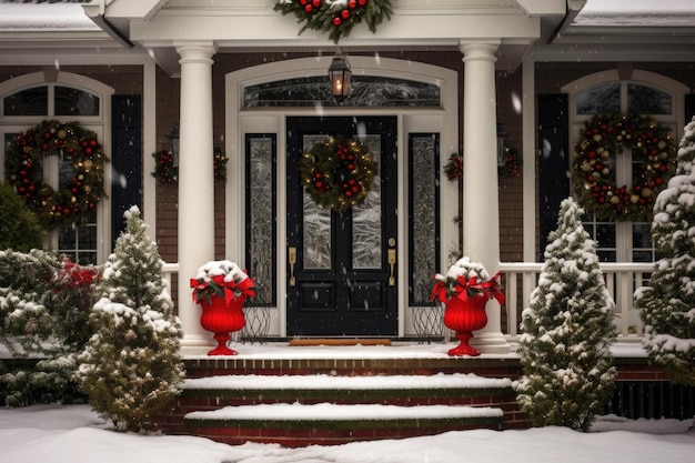 Casa residencial tradicional americana con guirnaldas festivas, luces y decoraciones navideñas Barrio suburbano en la temporada de vacaciones de invierno Fachada de la casa en una calle nevada en Nochebuena