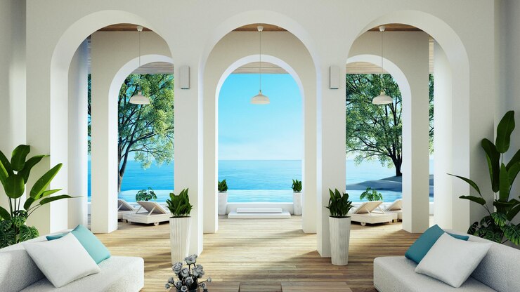 Casa y resort de lujo en la playa con vistas al mar y representación 3D viva