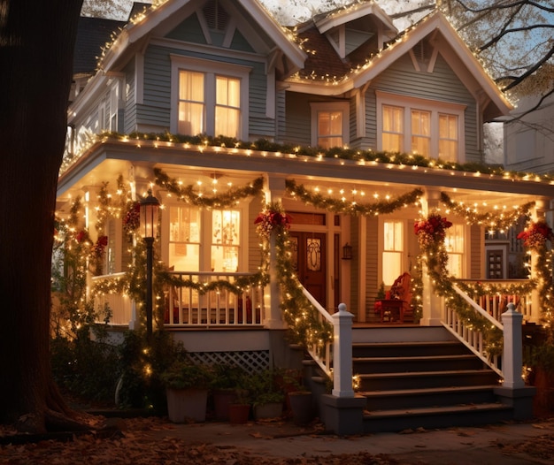 Una casa ricamente decorada iluminada por luces de cadena