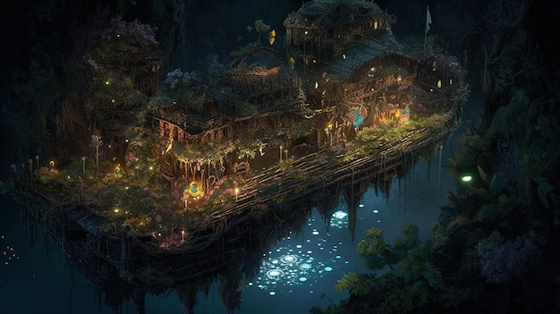 Una casa en un río en la noche.