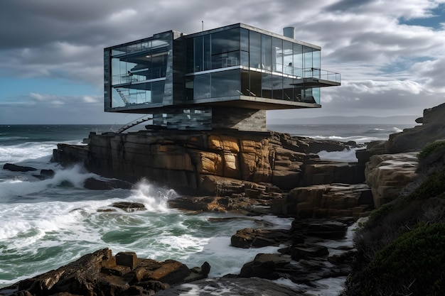 Una casa en las rocas con el mar de fondo