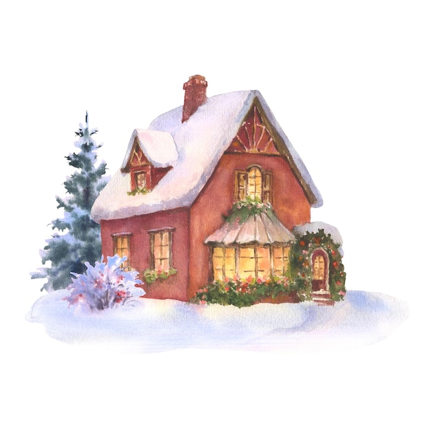 Casa roja de acuarela con luz en las ventanas en el fondo de invierno ilustración navideña pintada a mano