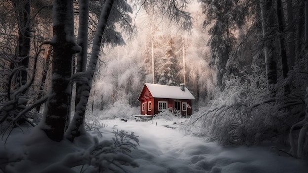 Una casa roja en el bosque con nieve en el techo