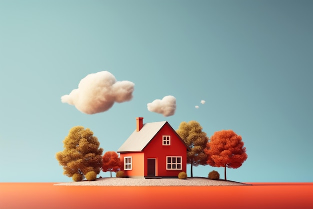 Casa roja de dibujos animados divertidos sobre fondo azul Concepto inmobiliario Imagen conceptual que representa la realidad
