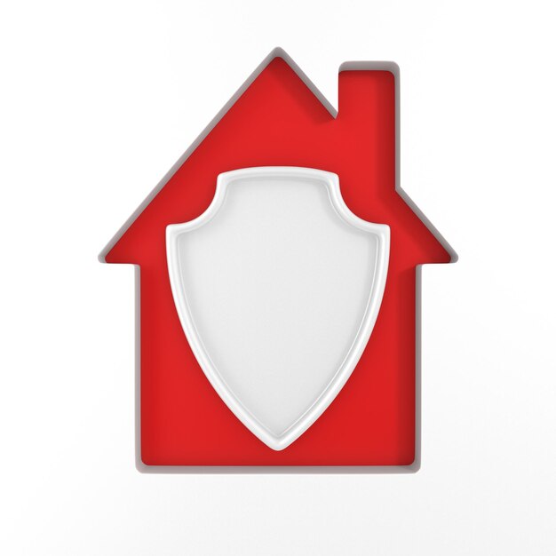 Casa roja y escudo sobre fondo blanco Ilustración 3d aislada