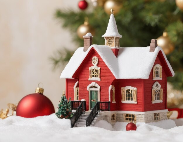 Casa roja en miniatura en la atmósfera de Año Nuevo de la nieve