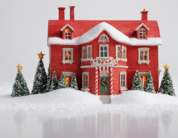 Casa roja en miniatura en la atmósfera de Año Nuevo de la nieve