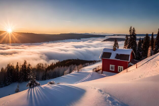 Una casa roja en la nieve con la puesta de sol detrás de ella